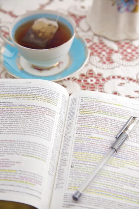 Bible Set Out with Tea for a Ladies Bible Study open bible study with tea