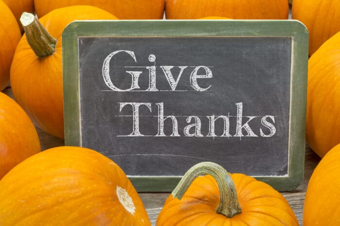 give thanks phrase on balckboard surrounded by pumpkins